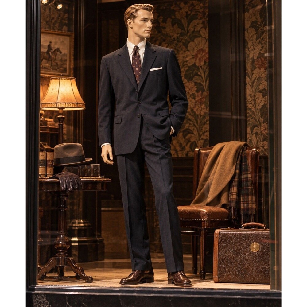 American Living Men’s 46L Black Pinstripe 2 Piece Suit Jacket Pants Wool Blend